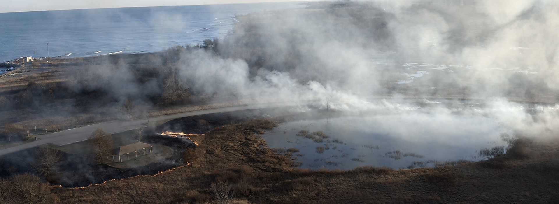 Drone Arrival at controlled fire at Illinois state park