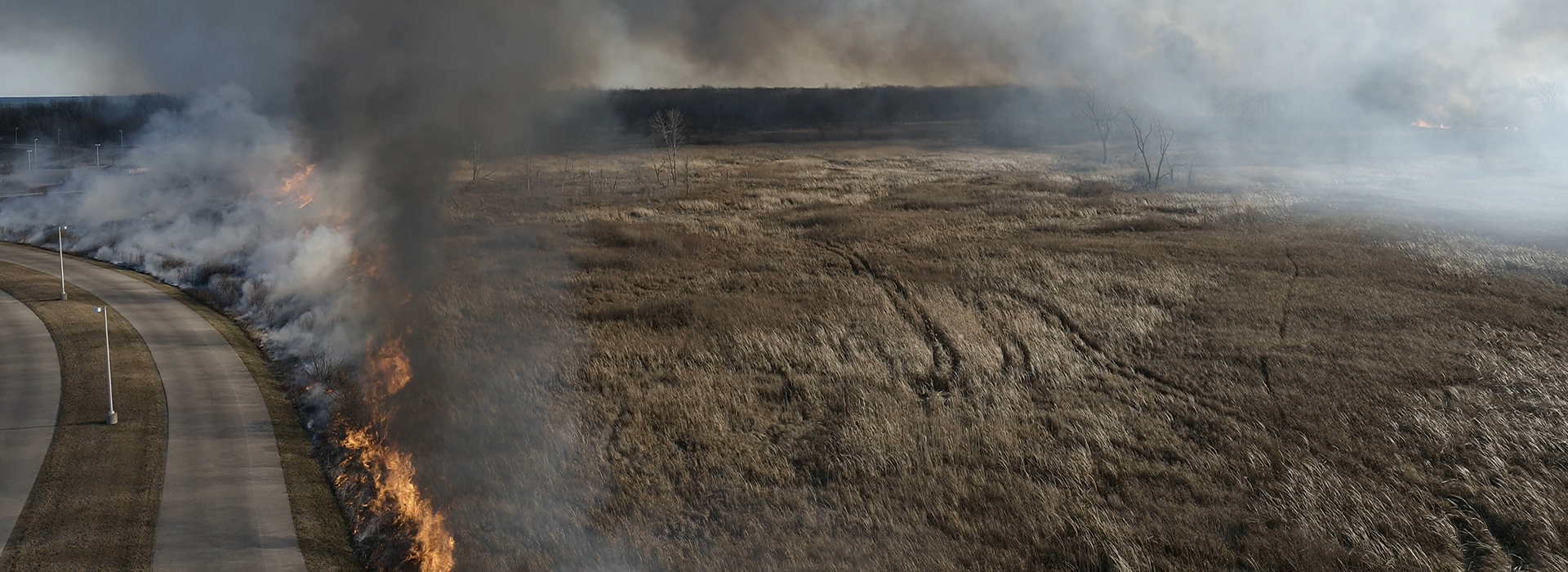 Drone Arrival at prescribed burn at Illinois state park