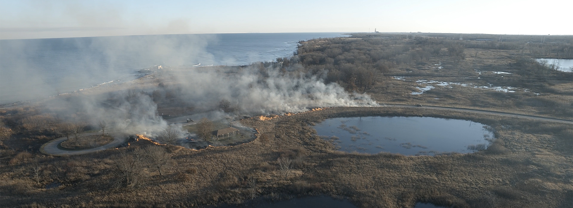 Drone Arrival at prescribed burn at Illinois state park