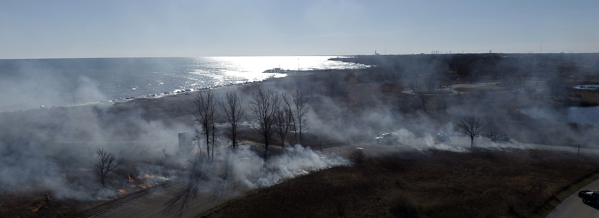 Drone Arrival at prescribed fire at Illinois state park
